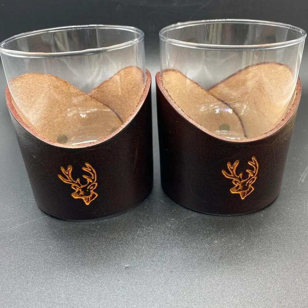 Pair of leather wrapped‎ whiskey glasses Buck design whiskey lover